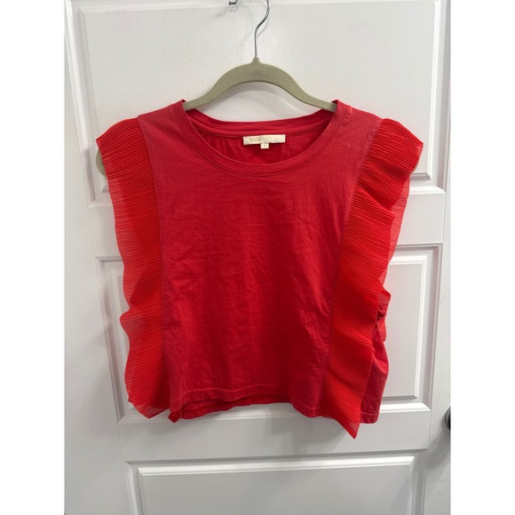 Maje Tops - Maje Womens Red Pleated Ruffle Side Sleeveless Crop Cotton Top Size 1 Small